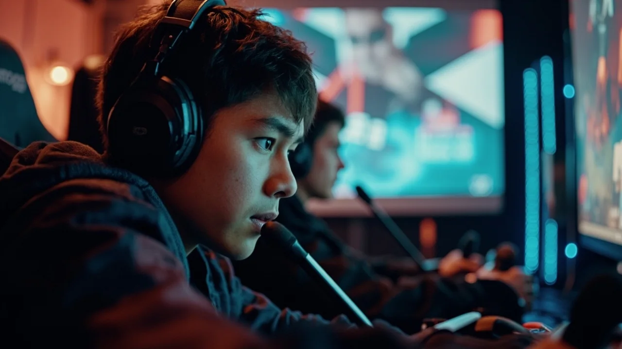 Fighting game matchup on a tournament stage, illustrative