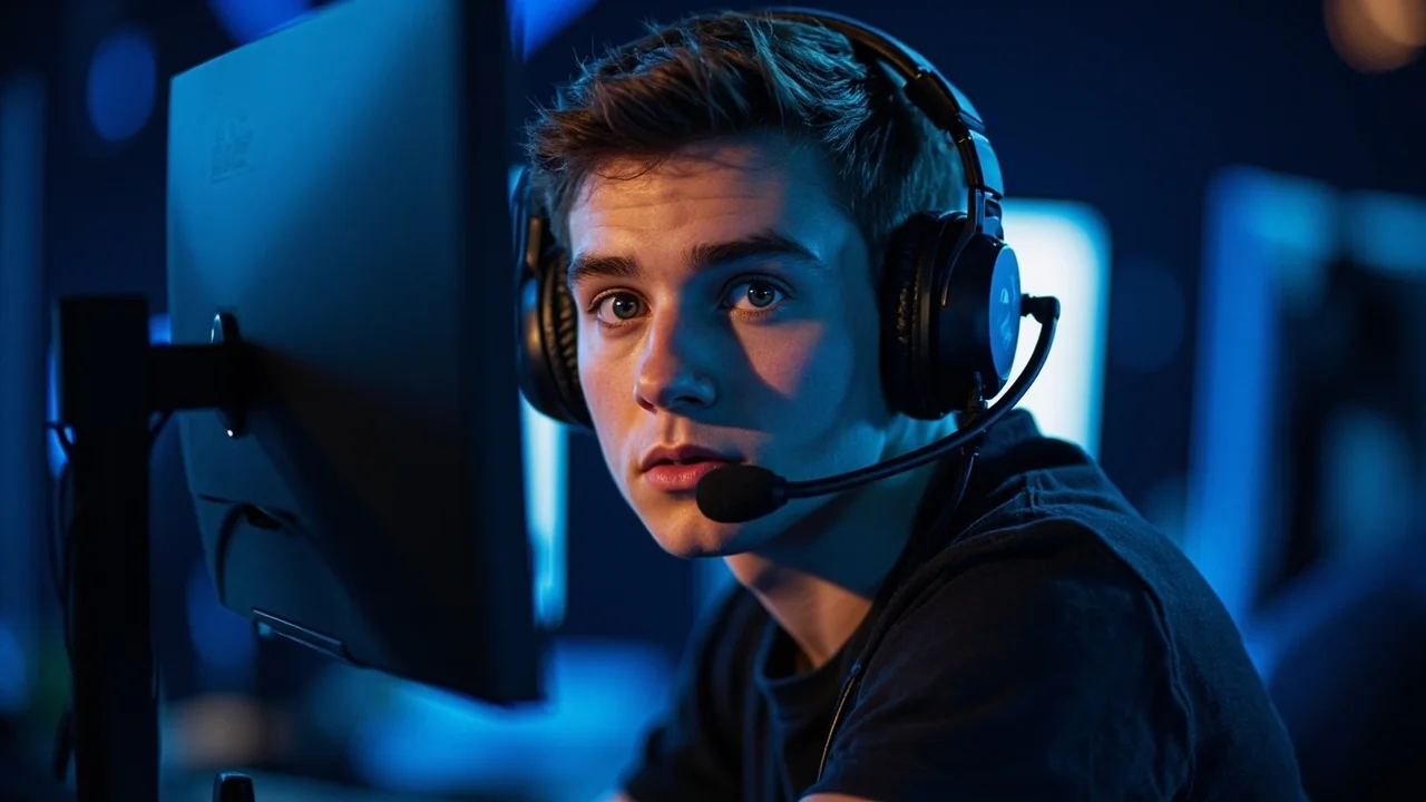 Player at a competitive gaming station, illustrative