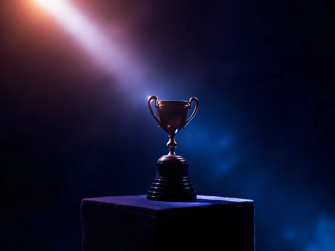 Tournament trophy and podium on a competitive stage, illustrative