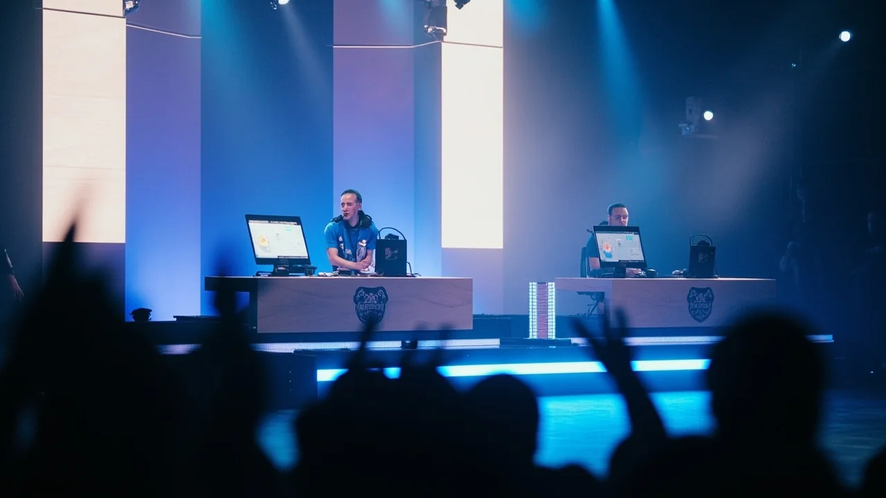 Tournament stage arena setup under broadcast lighting